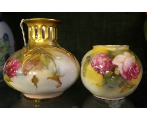 Two Royal Worcester hand painted vases
Each decorated with roses, one of bulbous form with pierced neck, having factory marks