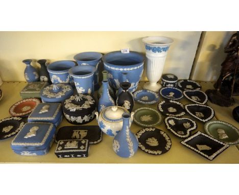 A large quantity of assorted blue, pink and black Jasperware to include jardiniere, posy holders, trinket boxes etc.