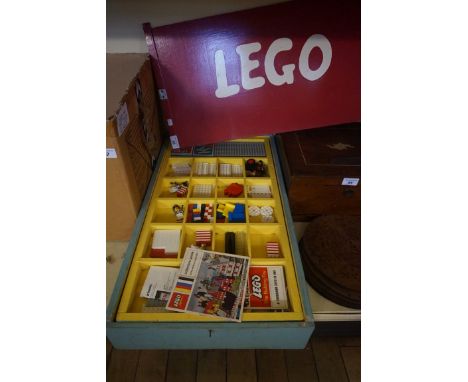 A Vintage hardwood Lego box, containing a quantity of assorted Lego.