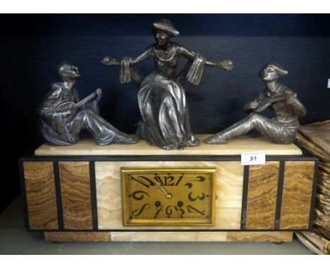 Art Deco alabaster and spelter rectangular mantel clock, having three spelter figures depicting two boys playing mandolins be