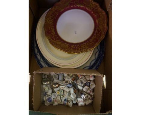 A mixed lot of assorted items to include a quantity of assorted thimbles, blue and white meat plates, Spode Crimson pattern p