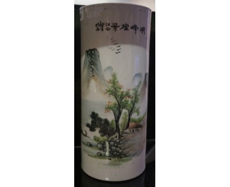 A Chinese Famille rose sleeve vase, of cylindrical form, Republic period (1912-1949), sparsely painted with mountainous river