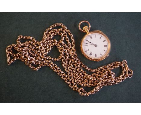 A Ladies 18ct gold pocket watch and 9ct gold chain the watch monogrammed, weight of the watch 33.7g, weight of the chain 36.4