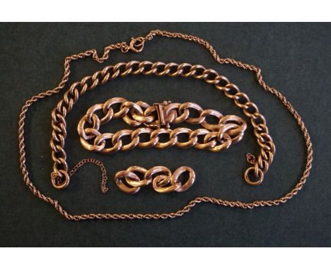A 9ct gold curb chain bracelet together with, another 9ct gold curb chain bracelet and 9ct gold twist chain necklace, weight 