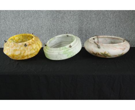 Three Art Deco marbled glass dome ceiling lights, one painted with a floral design. Dia.36cm. (largest). 