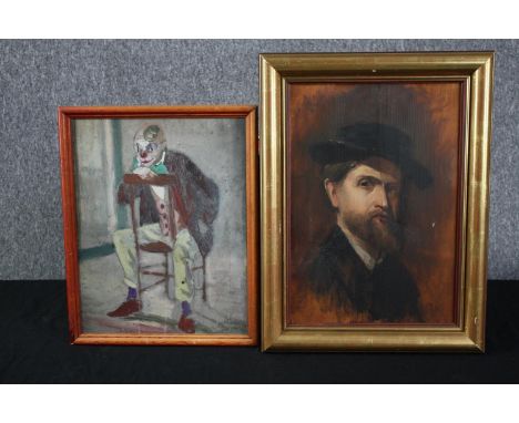 One pastel and one oil painting on board. A portrait and seated clown. Unsigned. Twentieth century. Both framed. H.47 W.35 cm