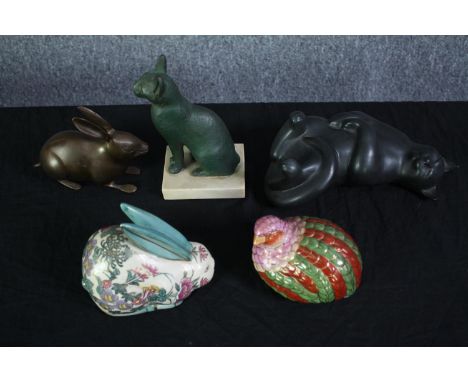 Two metal and three ceramic animals. The ceramic partridge and rabbit made in China. The cat made Mooorside Design, Wellingto