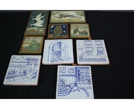 A collection of five De Porceleyne Fles (Royal Delft) for A. Bell &amp; Co. animal design Cloisonne tiles (damaged) and four 