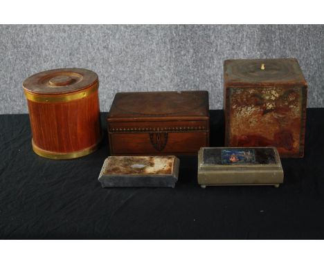 A collection of jewellery and sewing boxes, including an Art Deco chrome trinket box with mirror to the inside, a marquetry s