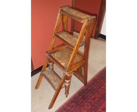 A Victorian light oak metamorphic hall chair, converting to library steps