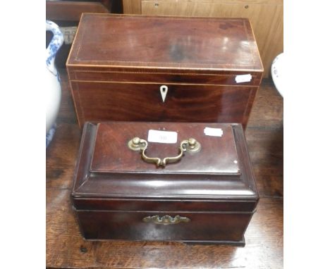 A George III mahogany tea caddy and one other Georgian mahogany box with lion mask handles (2)