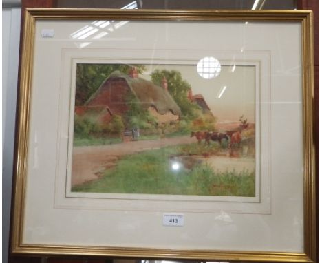 Arthur Wilkinson: An early 20th century watercolour of cows in front of a thatched cottage and its companion