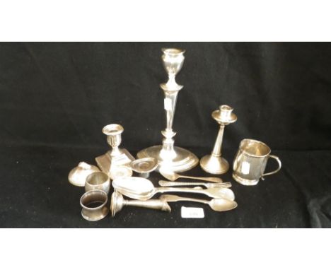 A Georgian style silver candlestick, three other candlesticks and other Georgian and later silver