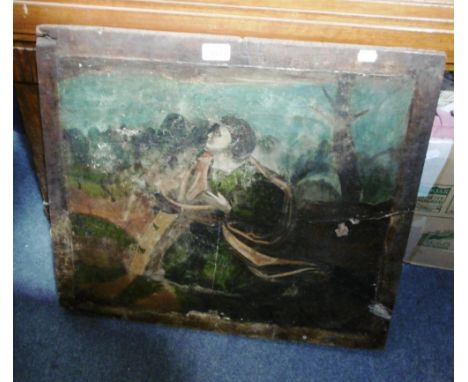 A walnut panel with a painting on gesso, depicting a man in robes on his knees