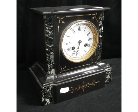 A late Victorian black slate and marble mantel clock, with enamel dial, 9" high