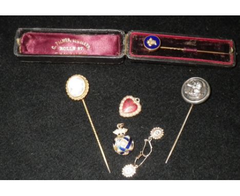 Three Victorian and later stick-pins, two yellow gold earrings and two pendants