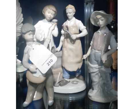 Four Lladro and Lladro style figures including a figure of a boy with a guitar