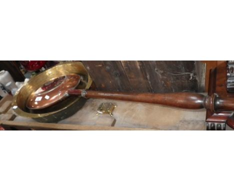 A 19th century Kings Patent brass warming pan, a copper basin and brass trinket pot (3)