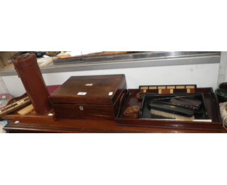 A Victorian rosewood writing box, cribbage board and other items