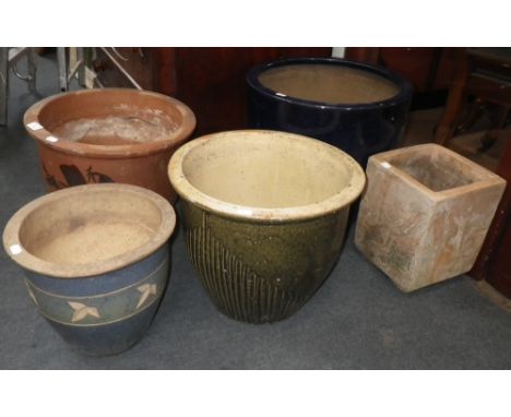 Five various garden pots, 11"-15.5" high