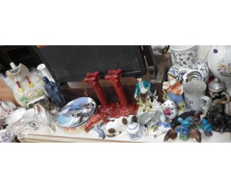 Two German bisque porcelain trinket pots in the form of a lobster and dog and other various ornaments and ceramics