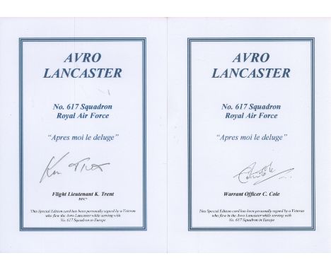 WWII, Avro Lancaster signed bookplates. A set of two book plates signed by Warrant Officer C. Cole and Flight Lieutenant K. T