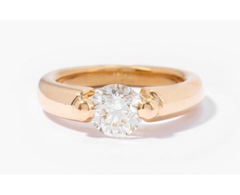 Brillant-Ring750 Gelbgold. Brillant von ca. 1.50 ct, getönt/fancy light yellow-vs/si. Gr. 53, 9,9 g.