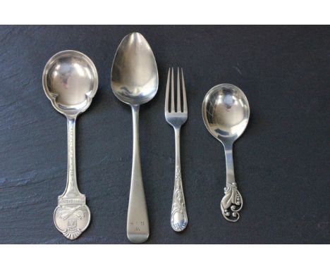 Four silver & white metal spoons plus a fork