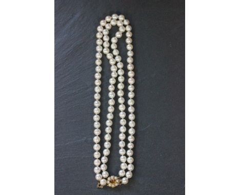 Double string of real pearls with 9ct gold, seed pearl and Citrine clasp