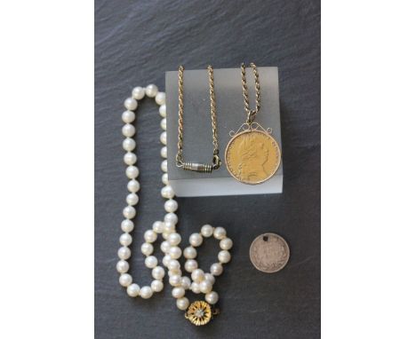 Georgian yellow metal coin with 9ct gold mount and chain, plus a silver coin and a pearl necklace