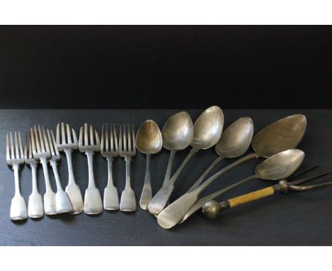 A collection of 19th century silver cutlery, various makers and dates, along with silver plated bread fork  with an ivory han