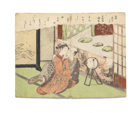 SUZUKI HARUNOBU (1725-1770)Edo period (1615-1868), circa late 1760sA chuban yoko-e shunga print of Tenugui no kihan (Returnin