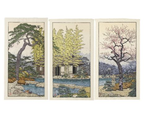 YOSHIDA TOSHI (1911-1995)Showa era (1926-1989), circa 1980A large tate-e triptych, comprising three loose sheets of Sho, Chik