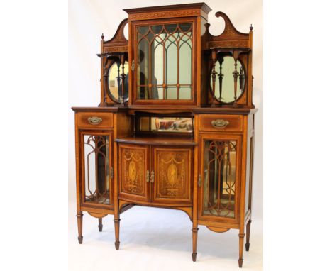 A fine quality and elegant Sheraton Revival mahogany tall display cabinet, c.1900
Profusely inlaid throughout with marquetry 