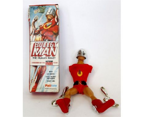 A boxed Palitoy Action Man figure 'Bullet Man' the Human Bullet
Containing figure in need or re-stringing together with leafl