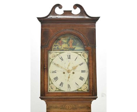 Early 19th century Scottish mahogany inlaid longcase clock, Douglas Kilmarnock, the named 14-inch break-arched painted Roman 