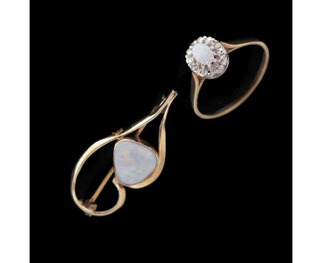 Opal and diamond 9ct gold cluster ring, size X approx, together with an opal yellow metal brooch, unmarked, 5.5g gross approx