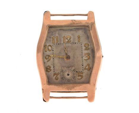 Gentleman's vintage mid-20th century rose gold watch head, the shaped silvered dial with applied gilt Arabic hour markers and