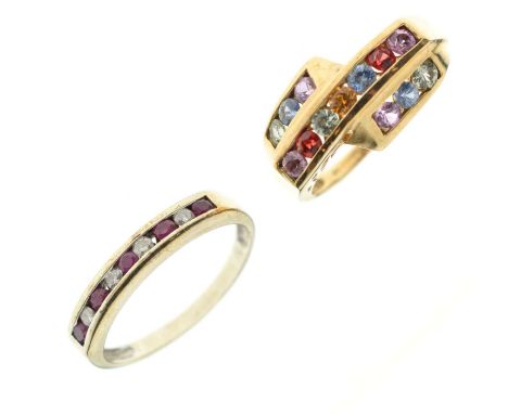 Ruby and diamond channel set 9ct gold half eternity ring, size P½ approx, and a multi-gem set 9ct gold ring, size Q approx, 5