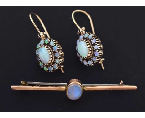 Pair of 9ct gold opal cluster earrings, and an Edwardian opal cabochon bar brooch, stamped '9ct', with white metal pin, 55mm 