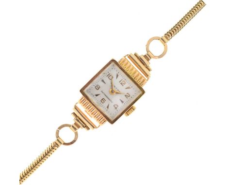 Ancre - Lady's 18ct gold cased cocktail watch, the silvered square dial with applied gilt metal Arabic and acute triangular h