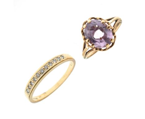 9ct gold amethyst dress ring, size K½ approx, and a 9ct gold diamond half eternity ring, size O½ approx, 3.9g gross approx (2