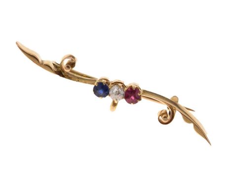 Ruby, sapphire and diamond yellow metal bar brooch, unmarked, 4.4cm wide approx, 3.7g gross approx