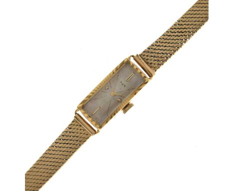 Watches of Switzerland - Lady's 18ct gold cased bracelet watch, the rectangular silvered dial with applied gilt metal quarter