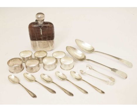 Edward VII silver mounted hip flask, Sheffield 1906, 14.5cm high, seven silver napkin rings, teaspoons, etc. 455g approx weig