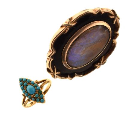 Victorian mourning brooch inset with a butterfly wing within an onyx and yellow metal border and with inscription to the reve