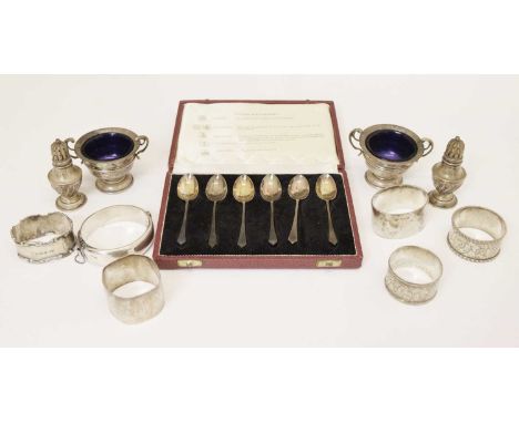 Cased set of six George V 'Silver Hallmarks' coffee spoons, 1934, pair of Edward VII silver urn-shaped salts, Birmingham 1904