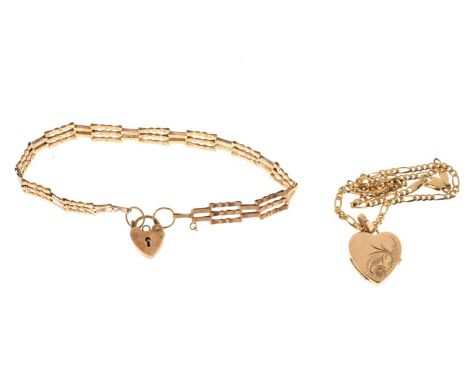 9ct gold gate link bracelet, a 9ct gold Figaro-link bracelet, and a heart-shaped 9ct gold locket, 7.1g gross approx (3)