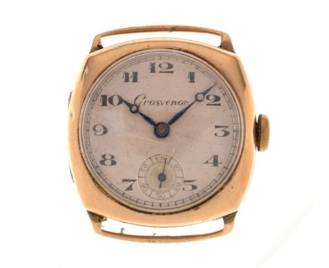 Grosvenor - Gentleman's 9ct gold watch head, the silvered guilloche dial with black Arabic hour markers and breguet-style han