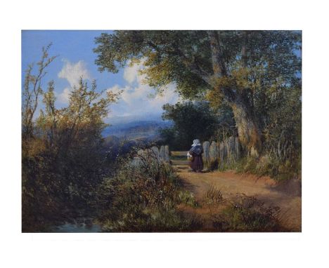 William Edward Jones, (fl. 1849-1871) - Oil on panel - Landscape with figure beside a gate, 27cm x 35cm, in gilt gesso frame